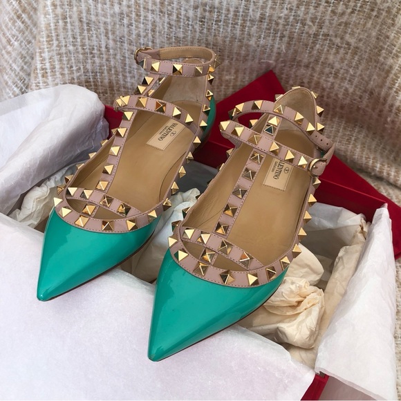 Valentino Garavani Rockstud Turquoise Cage Ballet Flat Studded Shoes Size 36 - Picture 5 of 16